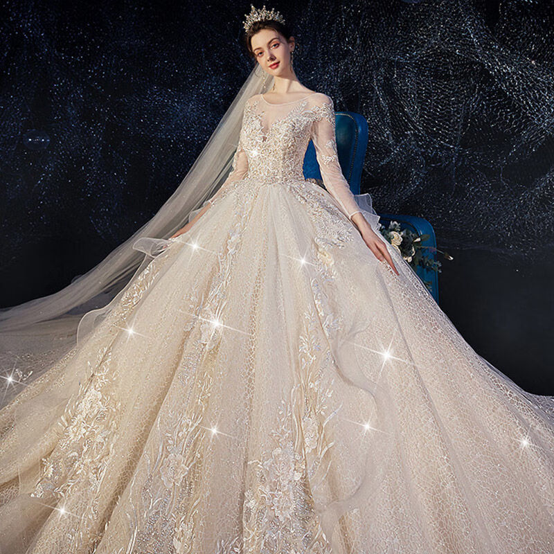 星空主婚纱礼服2020新款结婚v领赫本重工奢华公主拖尾梦幻礼服女 香槟