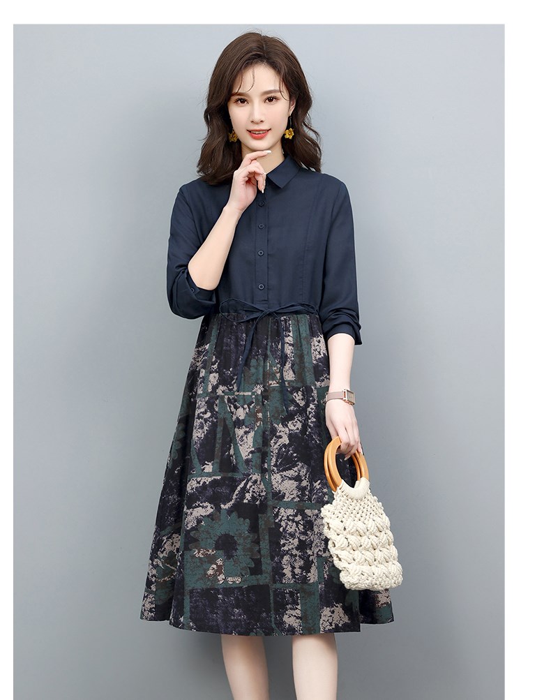 素素轻奢女装22夏宽松休闲棉麻衬衫拼接气质印花连衣裙女女装 藏青色