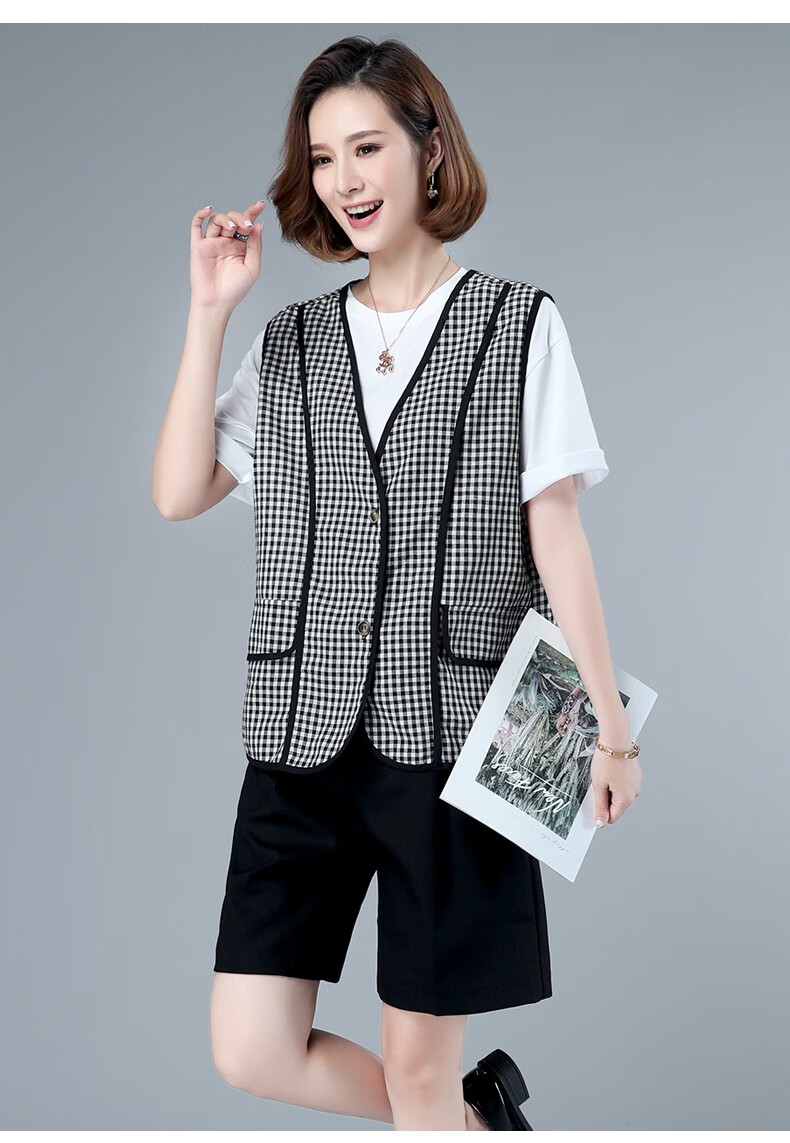 欧纳丽斯格子马甲女短款夏季薄外穿背心新款宽松洋气妈妈休闲马夹2249