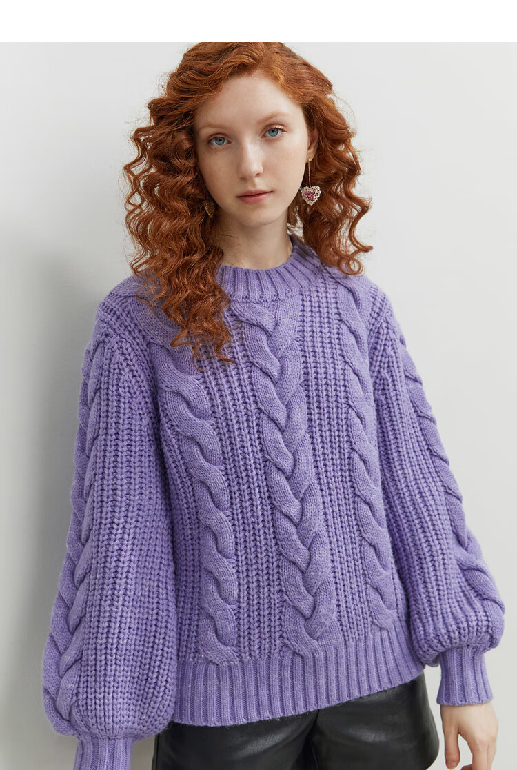 红袖复古绞花毛衣冬装新款紫色粗棒针圆领灯笼袖针织毛衫女宽松紫罗兰