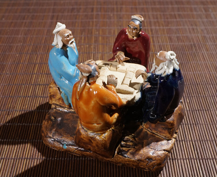 亮宾盆景人物摆件鱼缸盆景假山配件石湾公仔摆件陶瓷人物下棋老翁酒仙