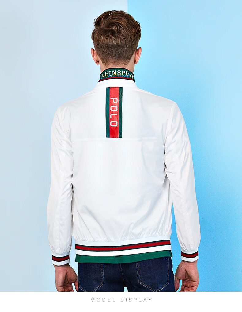 美国保罗春秋新款棒球领男夹克衫polo白色休闲百搭外套潮 032082宝蓝