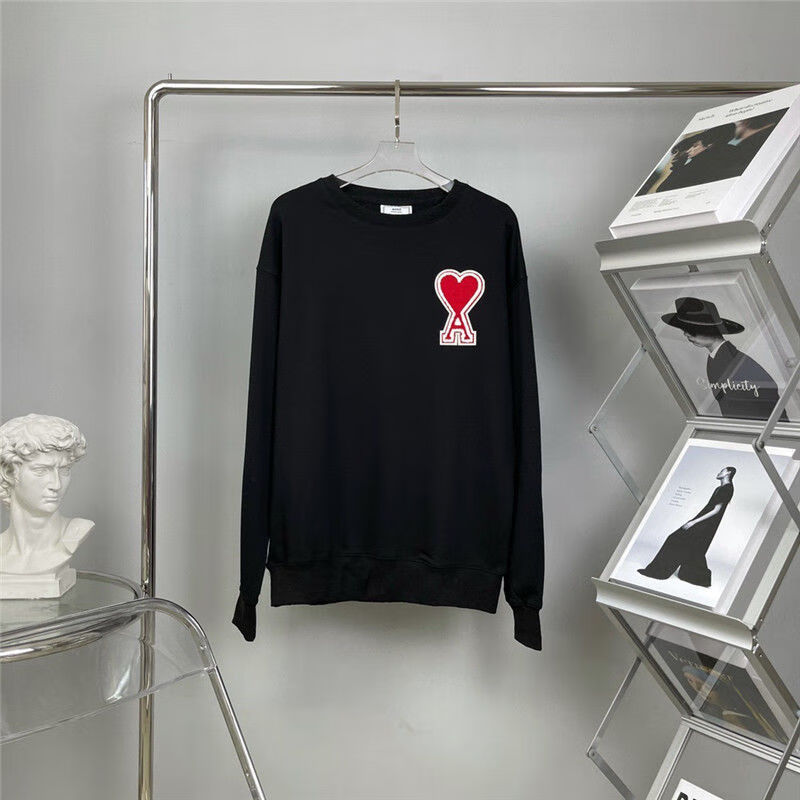 ami爱心卫衣刺绣桃心字母圆领宽松纯色长袖 2101圆领#黑色红章 l_(150