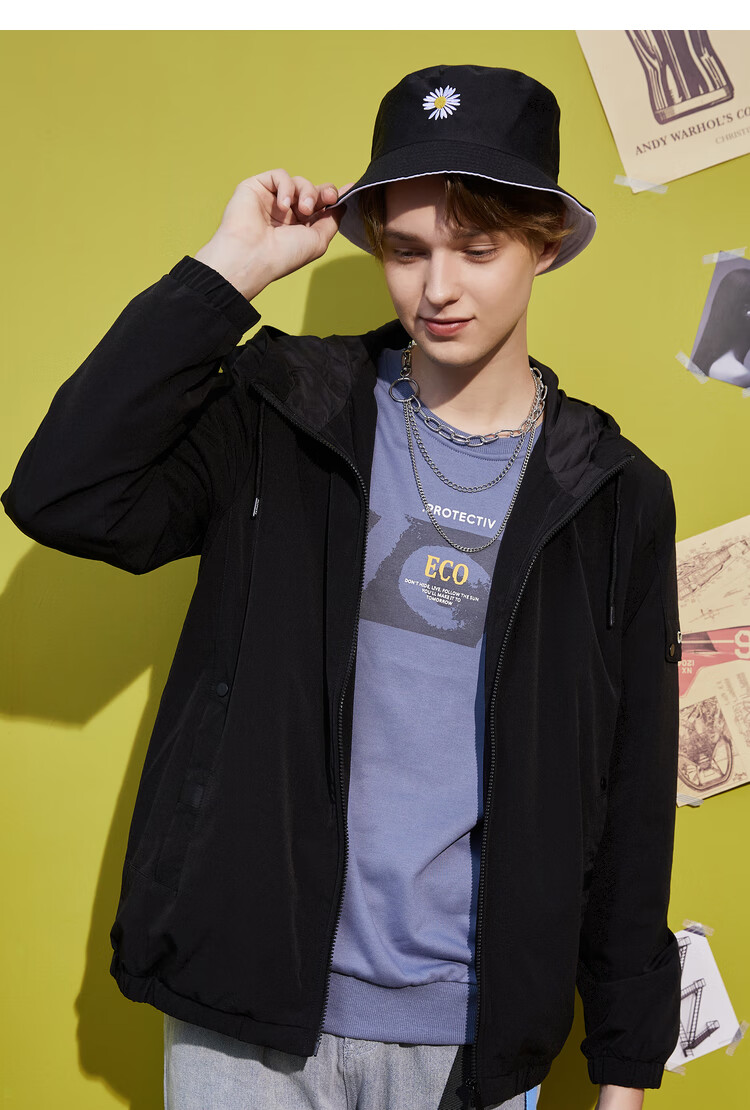 快鱼秋季男士夹克2020新款潮抽绳连帽休闲长袖学生外套男10j1053黑色m