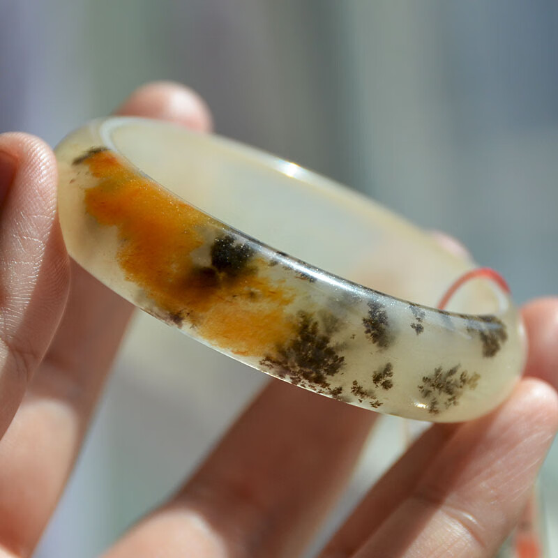 玉奴/新疆阿勒泰天然金丝玉/白色俏黄宝石光/草花玉/手镯子/54/55