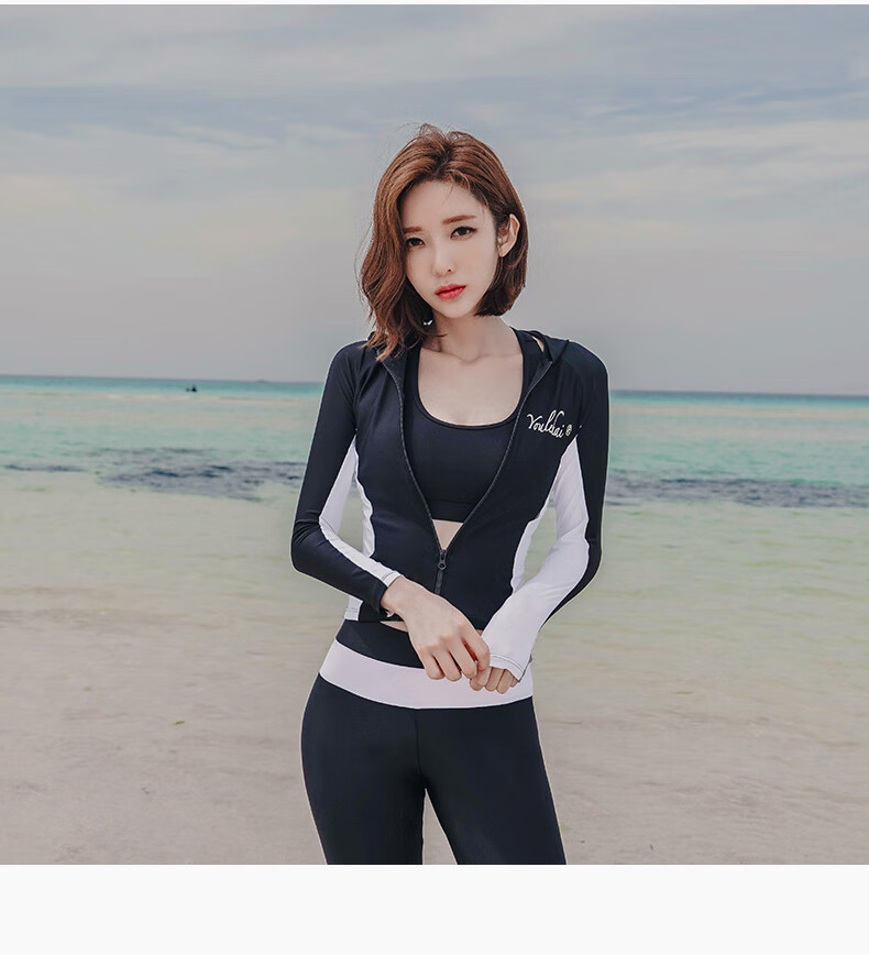 bosoot韩国分体泳衣女长袖裤款拉链衫运动背心健身三四件套保守游泳衣