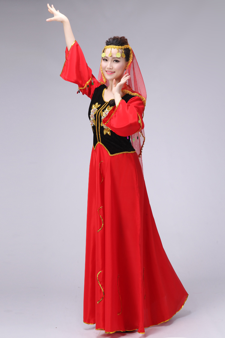 新疆舞蹈女装维族大裙摆维吾尔族服饰少数民族服装aa579l红色头纱款