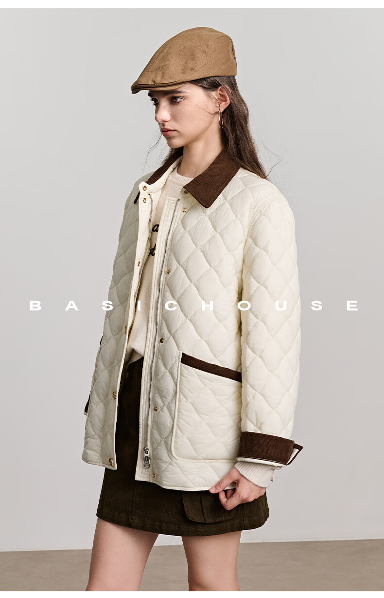 BASIC HOUSE/百家好舒芙蕾撞色冬季2024翻领外套轻法风菱格棉服女2024冬季撞色翻领外套 米白色 M详情图片35