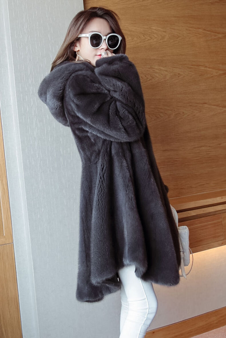 2022新款海宁皮草貂皮女款带帽整貂中长款裘皮大衣进口水貂外套 铁