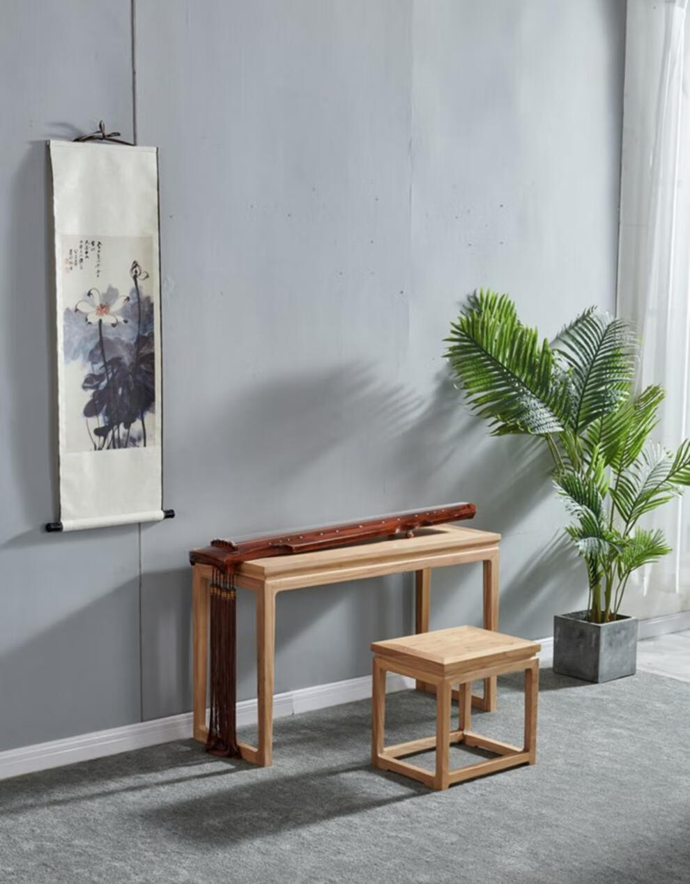 老榆木抄经书法桌实木古琴桌凳共鸣琴桌椅简约原木新中式禅意家具黄色