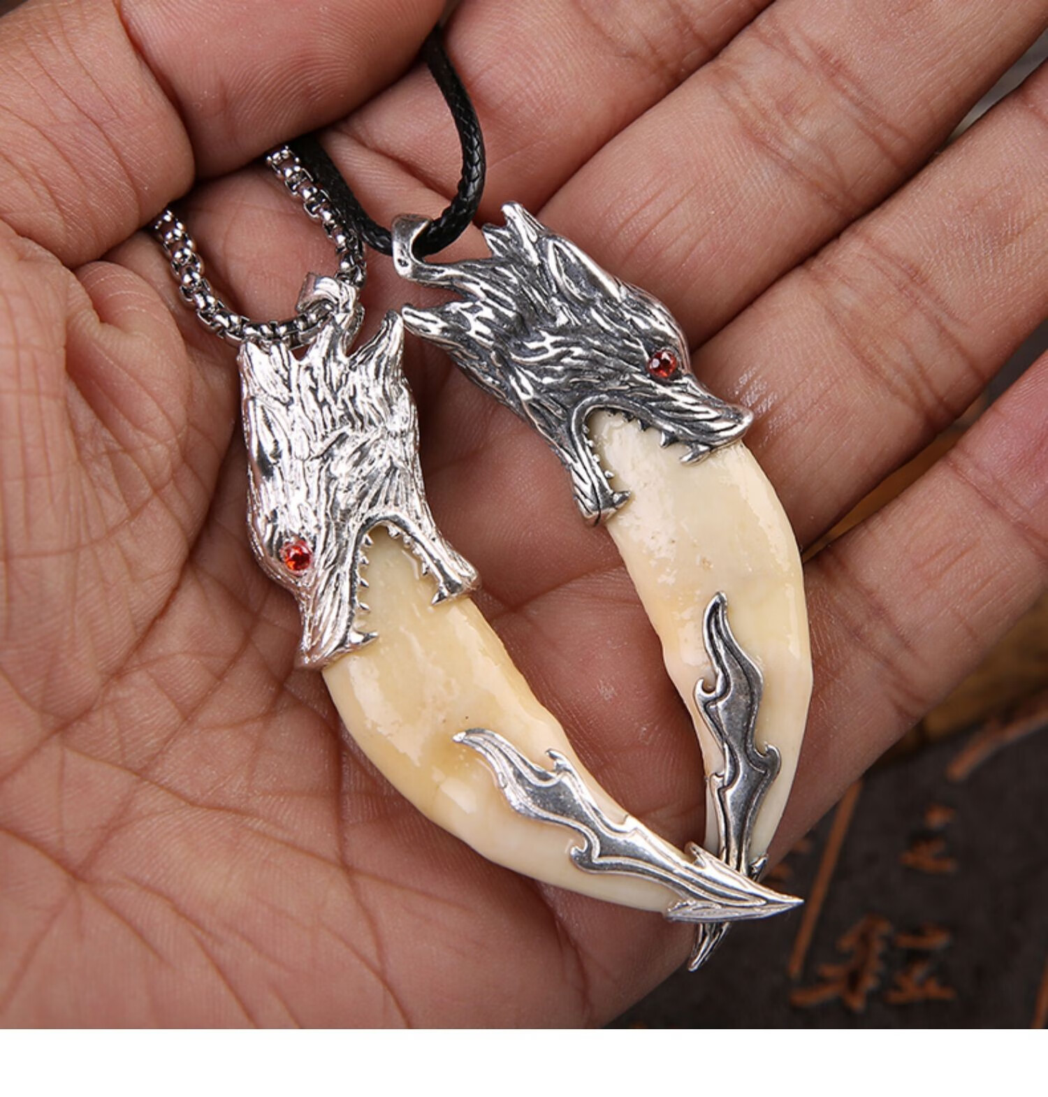 豪珠天然黑狗牙吊坠狼牙包银吊坠项链情侣古朴清新文艺骨质男饰品款式