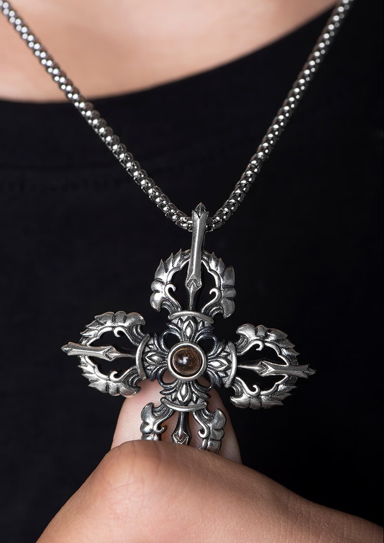 铭扬饰海925银投影吊坠男士复古个性纳米微雕十字架项链吊坠55cm银链