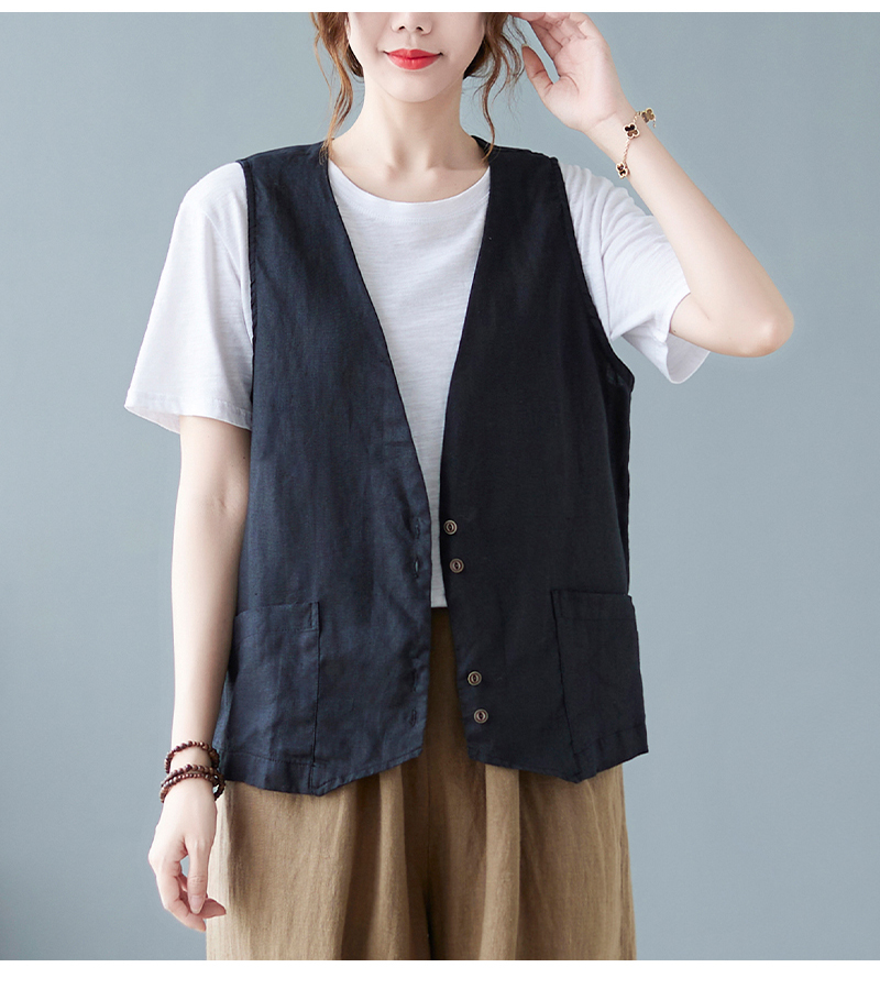 路麦恩亚麻马甲女夏季宽松宽松v领外搭上衣短款无袖背心马夹坎肩外套