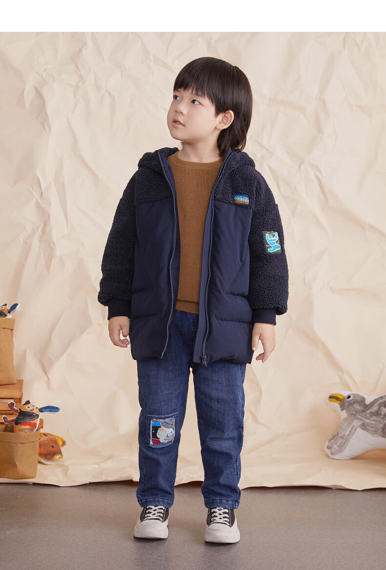 马拉丁童装男女童中长款羽绒服外套冬季新款羊羔绒拼接羽绒衣 藏青