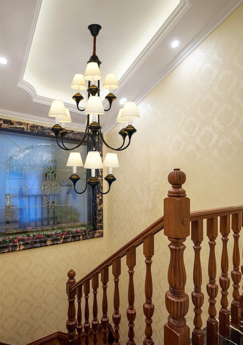 复式楼梯灯长吊灯美式简约旋转楼梯间灯3层北欧跃层别墅楼梯吊灯 铁艺