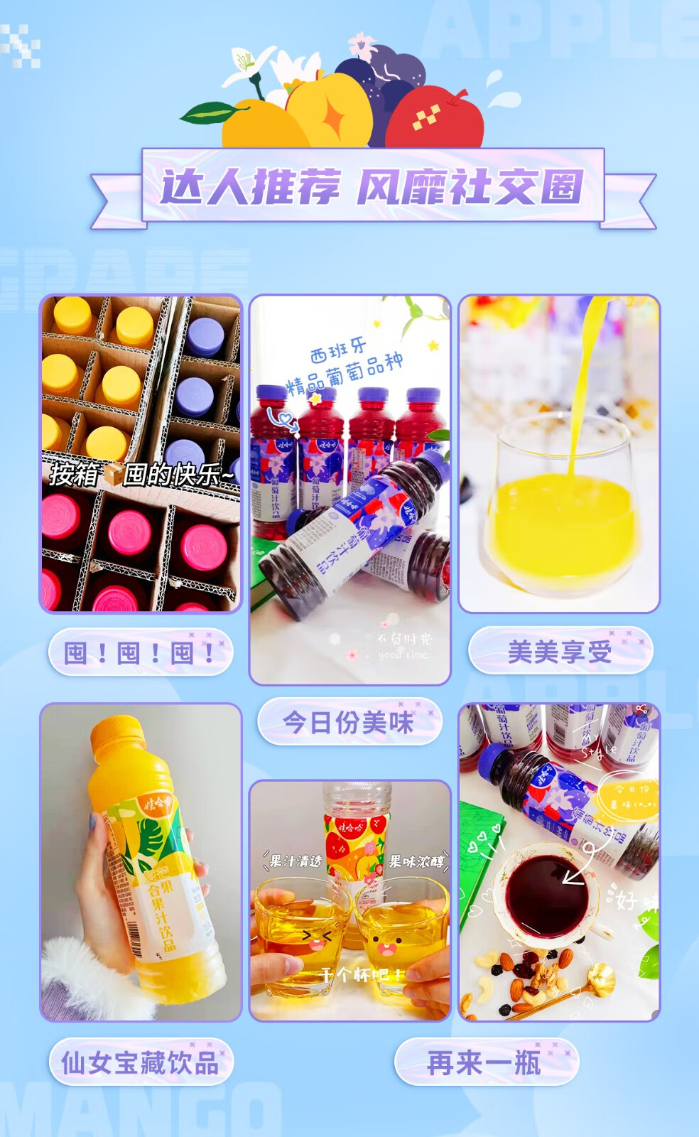 娃哈哈芒果复合果汁饮品葡萄汁苹果汁瓶装饮料果汁450ml5瓶混搭