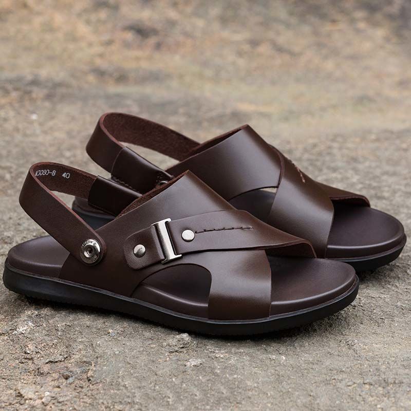 男士凉鞋皮夏季新款沙滩鞋防滑拖鞋中年软底黑色a款38