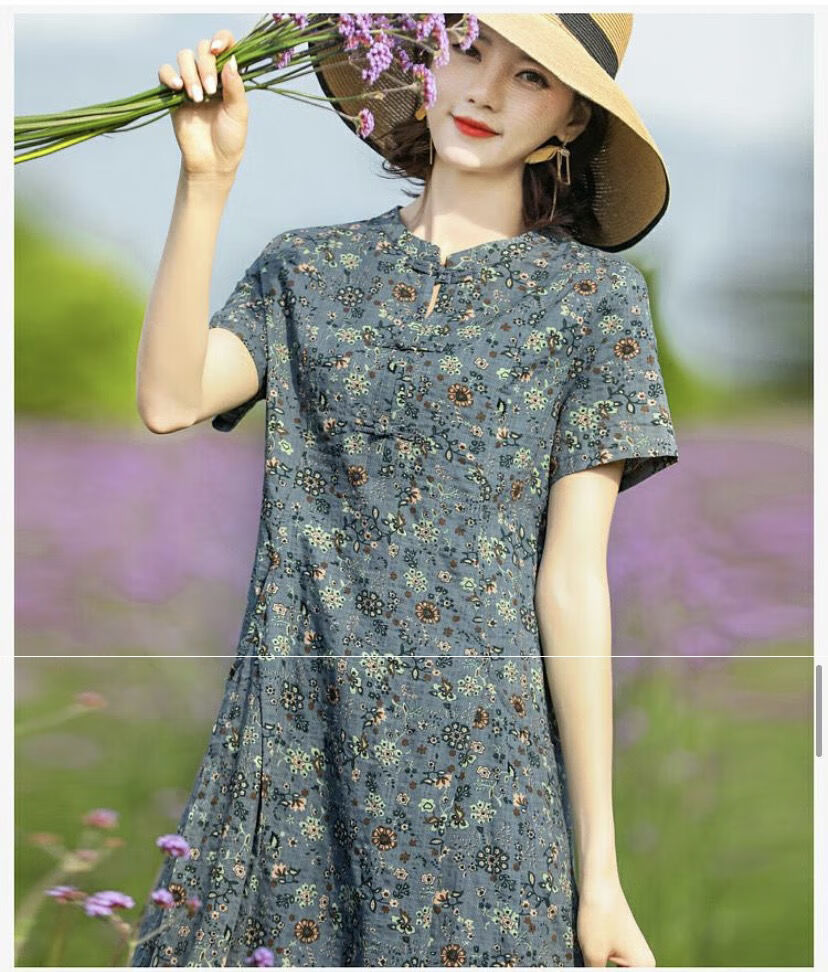 素订素素女王轻奢2021中长款连衣裙女夏季碎花气质a字裙子蓝色m