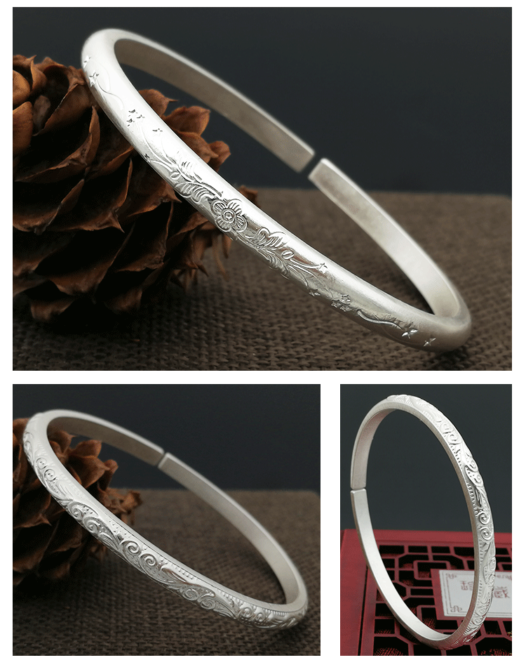 云南雪花银手镯女9细小清新刻字女士银手镯民族风圣诞节礼物七夕情人