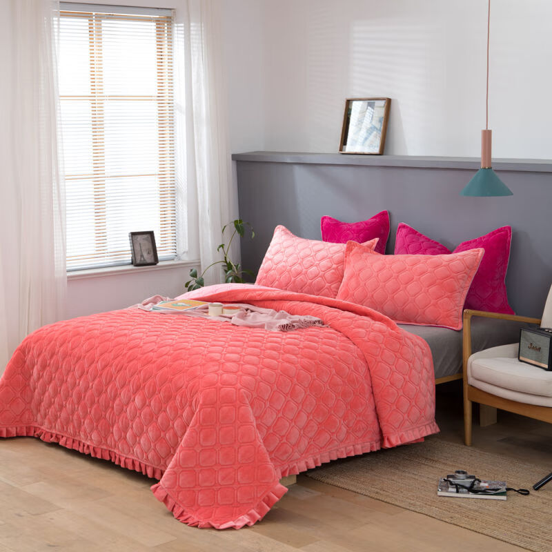 花边床单双面床盖夹棉毛毯单双人被子床毯子法兰绒床垫 花边款-烟灰紫