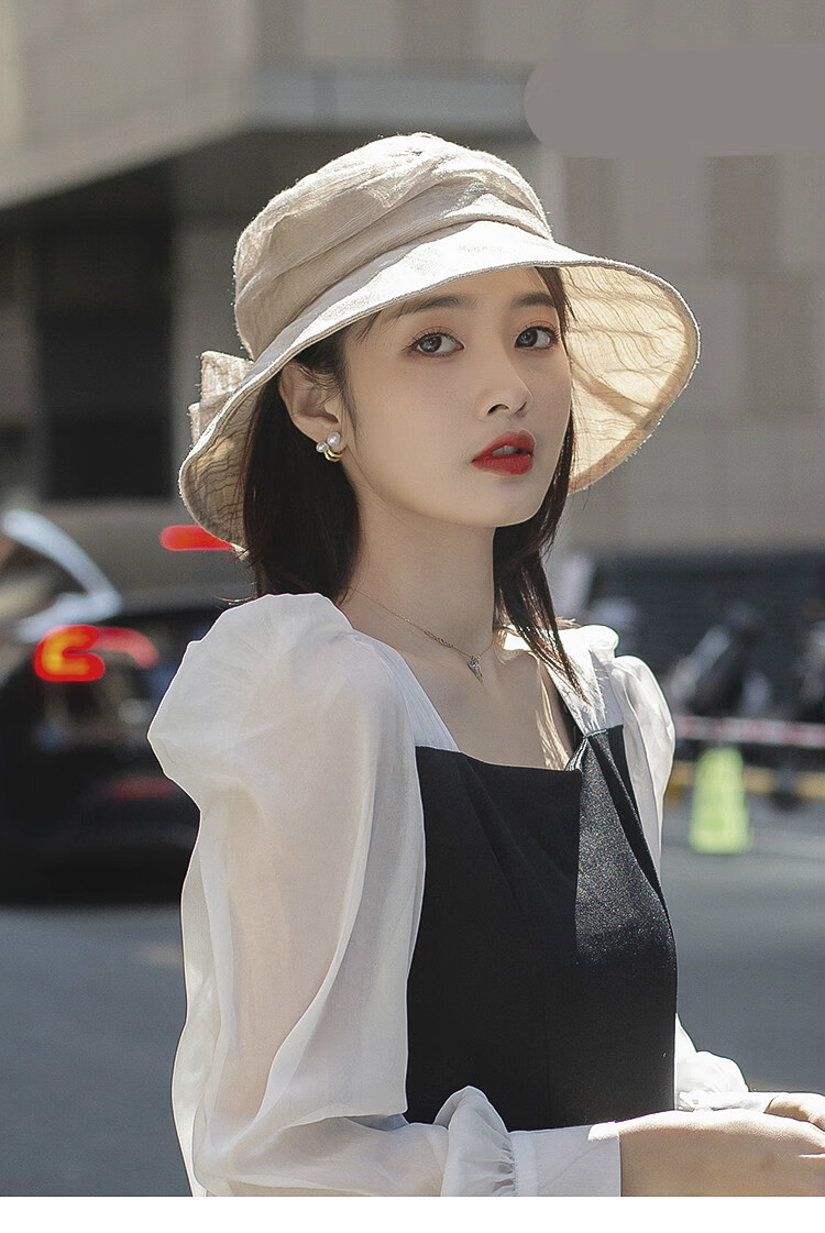 欧根纱防晒帽女遮阳遮脸薄款百搭太阳帽子女夏凉帽防外线渔夫帽米色可