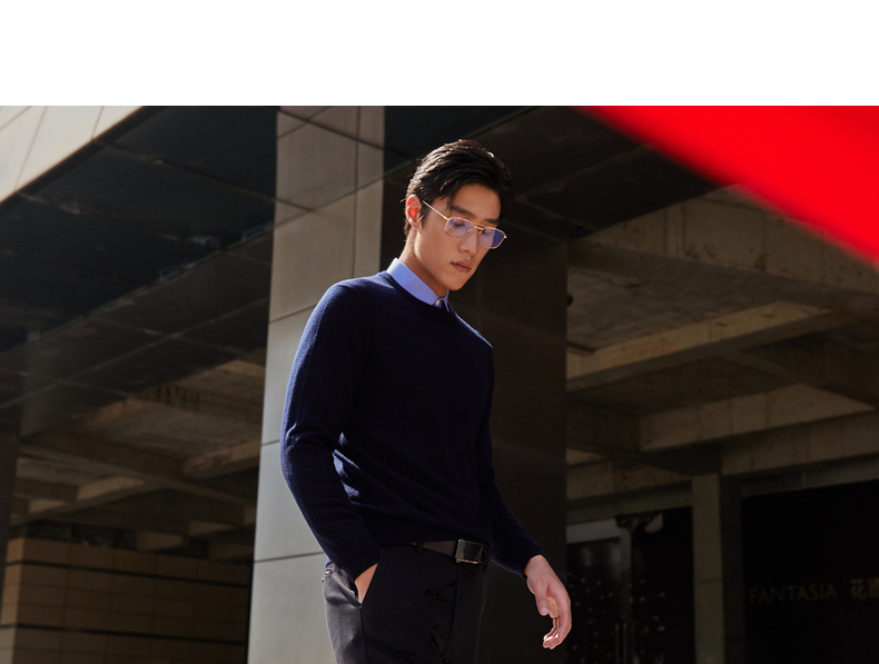 YOUNGOR [100% Wool] Autumn And Winter Men's Warm Business Casual Round Neck Sweater VYQW639994FYA, Navy Blue, S 12
