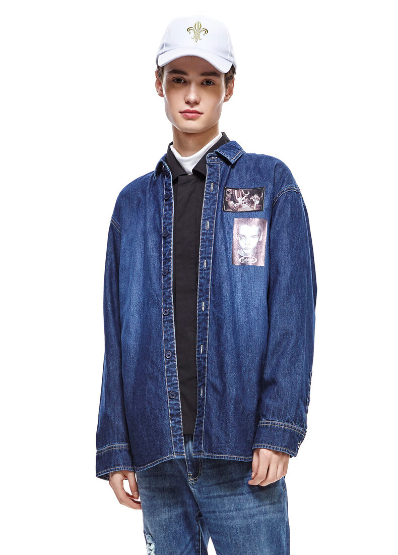 卡宾男装新款蓝色牛仔衬衫宽松长款简约时尚潮流复古风h 深蓝色87 54