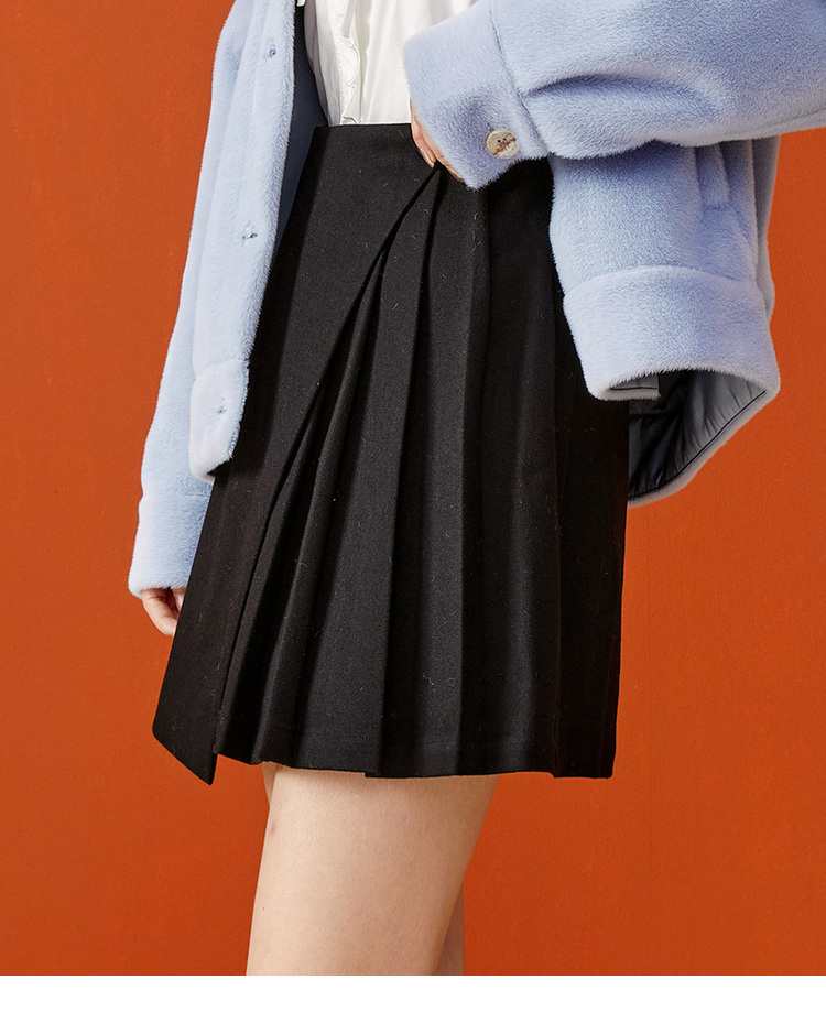西遇半身裙女百搭冬季新款学院风不规则百褶a字短裙12201642 黑色 26