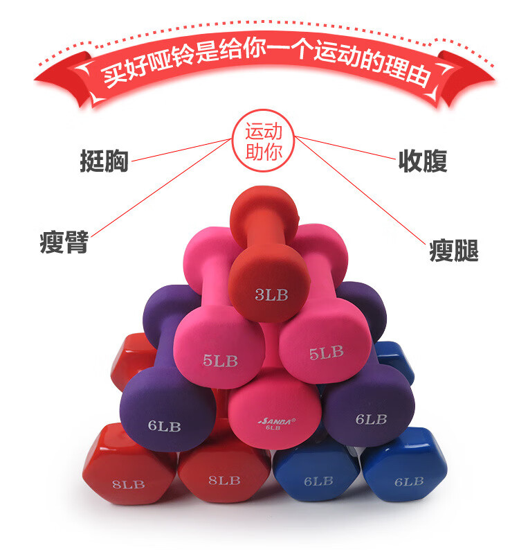 家用磅lb一对浸塑哑铃女士儿童操健身塑形 10lb*2=总重20磅