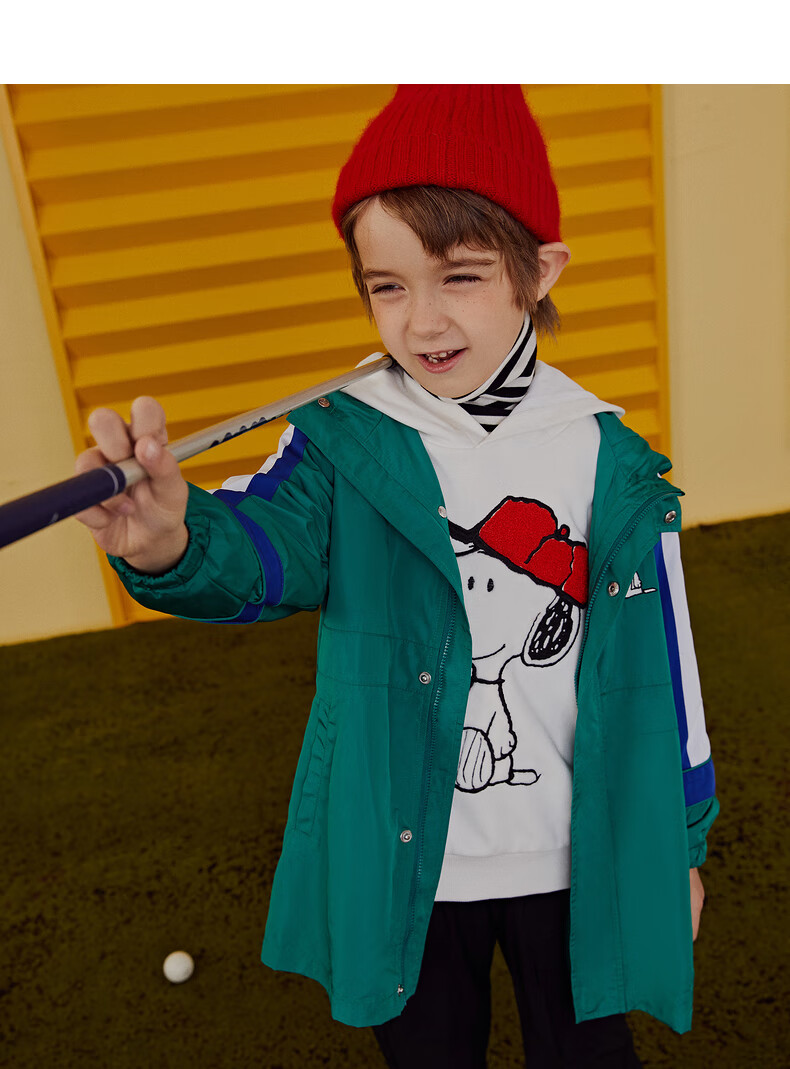 史努比联名gxgkids童装男童风衣2020秋季新款撞色连帽外套休闲潮 绿色