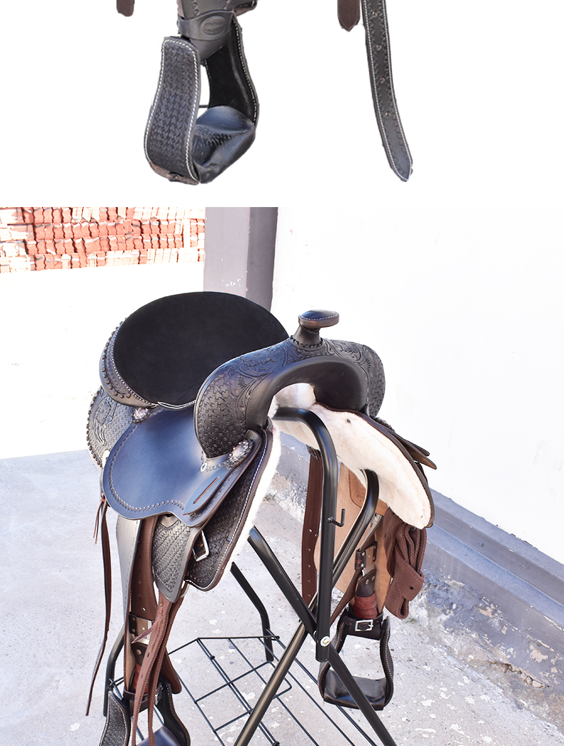 西部鞍马鞍皮鞍马术用品自然旋转马镫全套配件 全皮西部15寸【图片