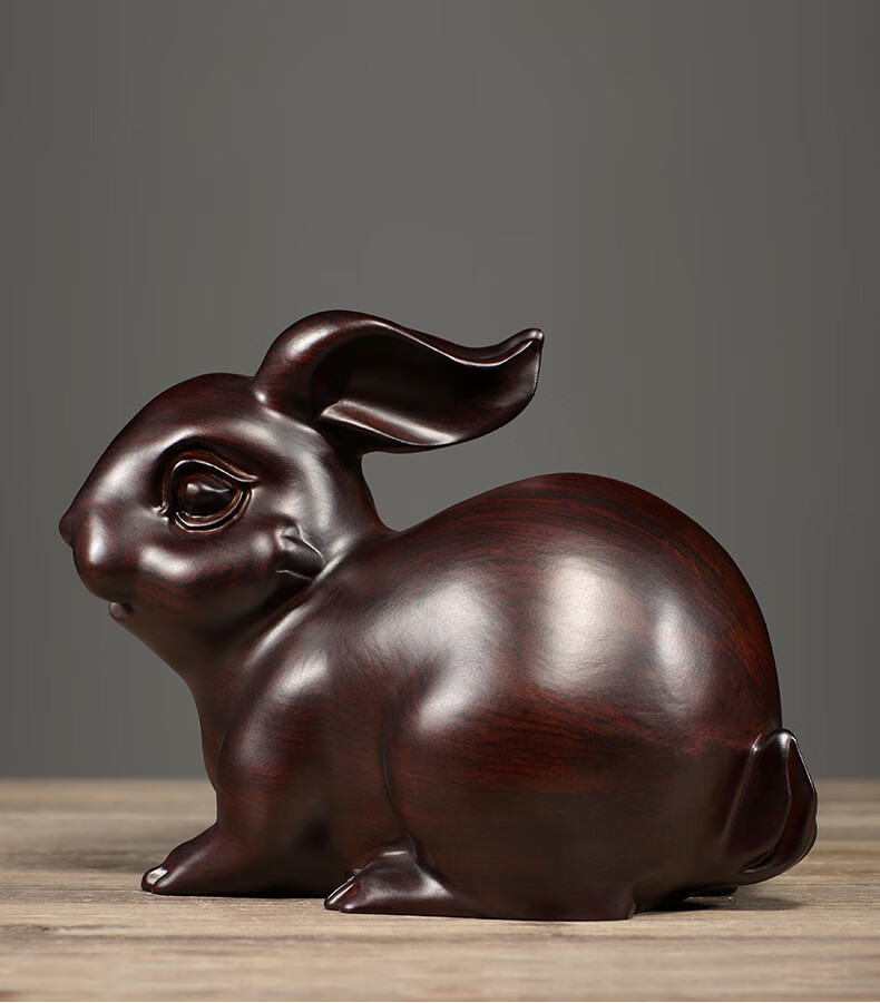 刺史黑檀木雕兔子摆件家居饰品实木客厅创意可爱工艺品装饰生肖兔黑檀