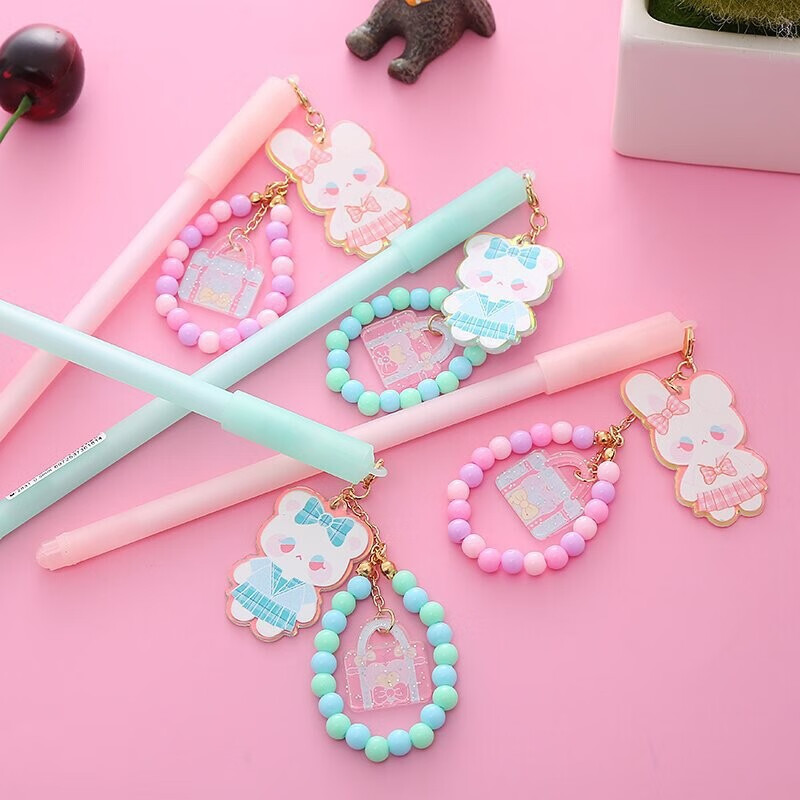 东米韩小姐韩风少女吊坠中性笔可爱小清新黑色05签字笔卡通挂件笔学生