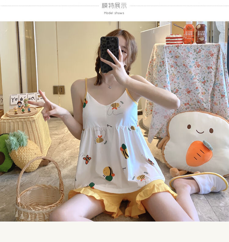 自带胸垫吊带睡衣女夏季性感可爱韩版网红薄款少女家居服两件套装红