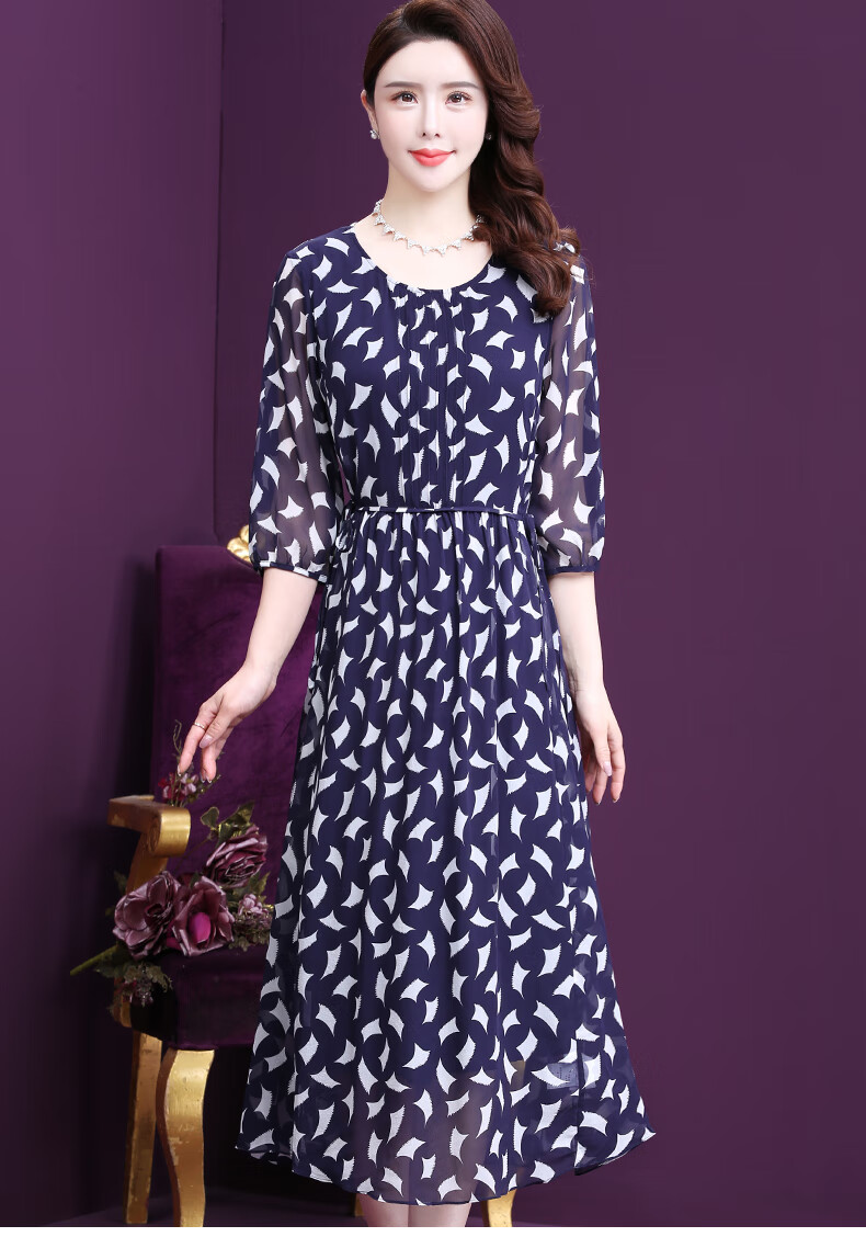 王小鸭印花连衣裙女夏2021新款宽松垂感阔太太长款飘逸真丝裙深宝蓝m