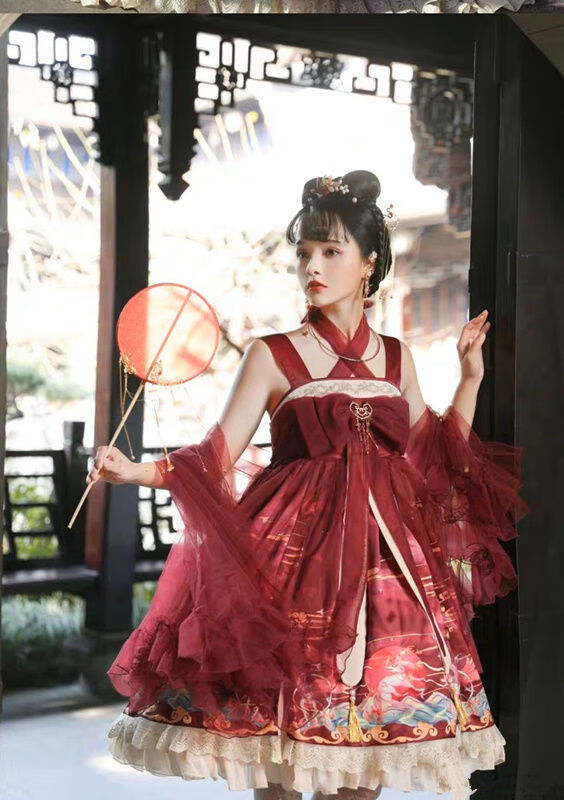 洛丽塔鸢久lolita手作披纱太炎兽夜山海经连衣裙披帛边夹jsk披帛胸前