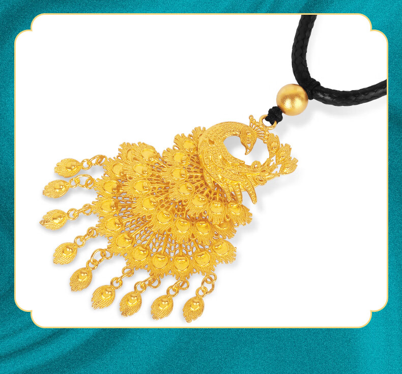 迎彩钻黄金孔雀吊坠女足金999古法烈火金雀项链编绳吊坠结婚送礼金