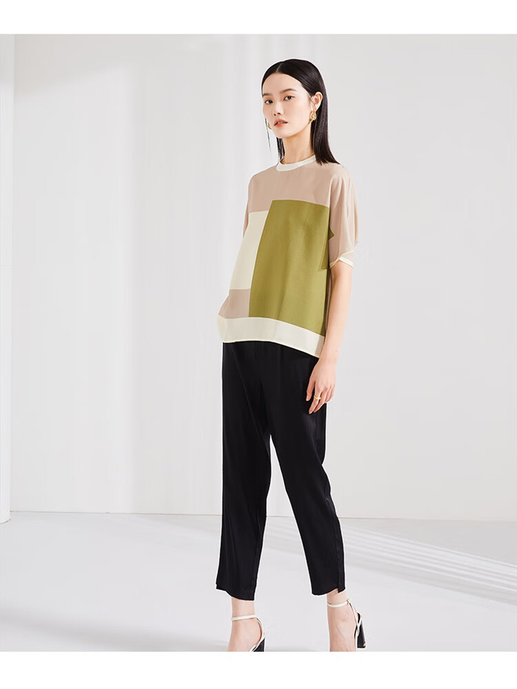 春竹2022春夏新款薄款宽松休闲真丝t恤女抽象印花短袖宽松女上衣白色m