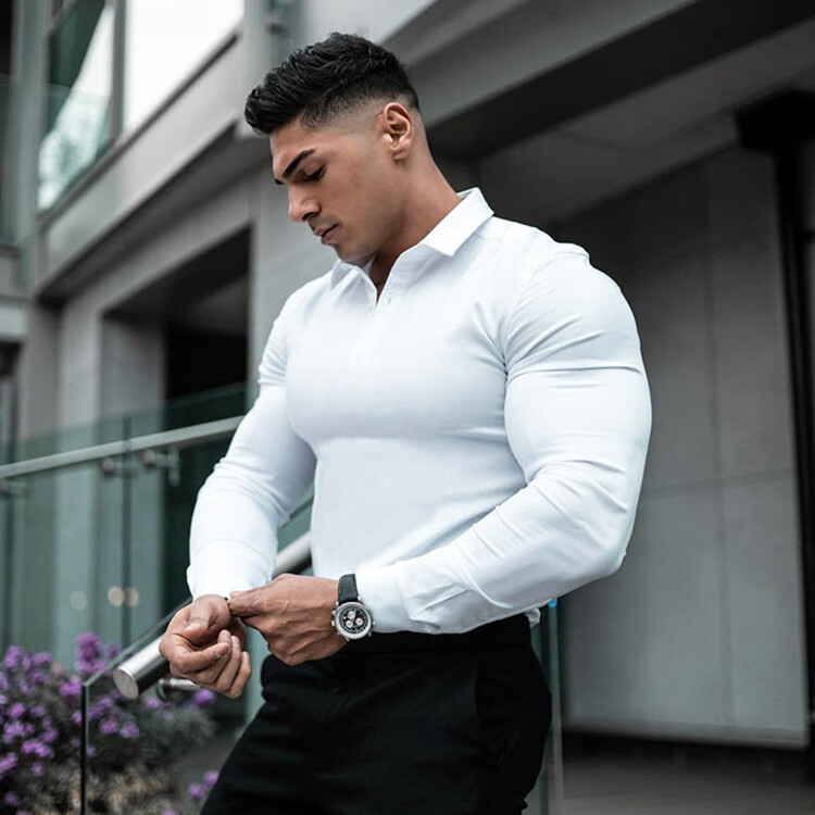 健身教练肌肉男健身时候喜欢穿的速干紧身衣男健身长袖运动polo衫肌肉