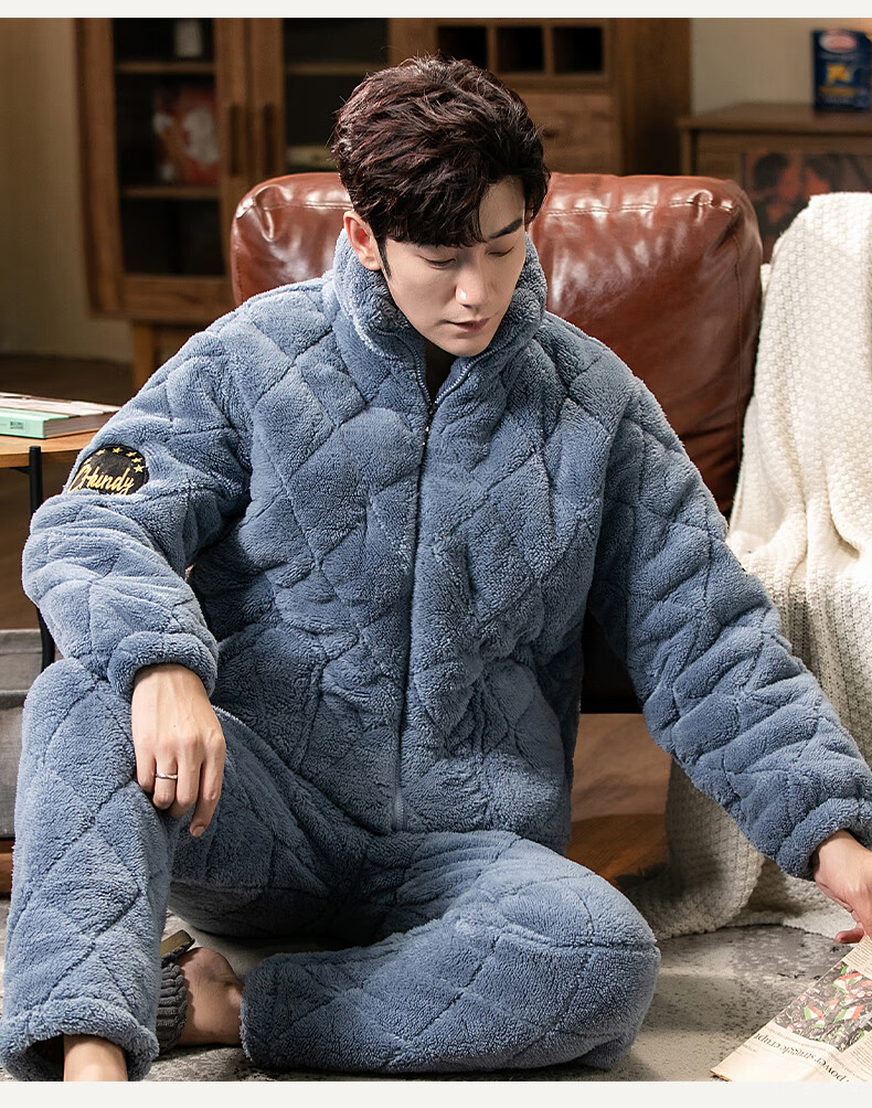 沛阮男生睡衣男士冬季加厚加绒款三层夹棉居家服大码加肥青少年棉袄