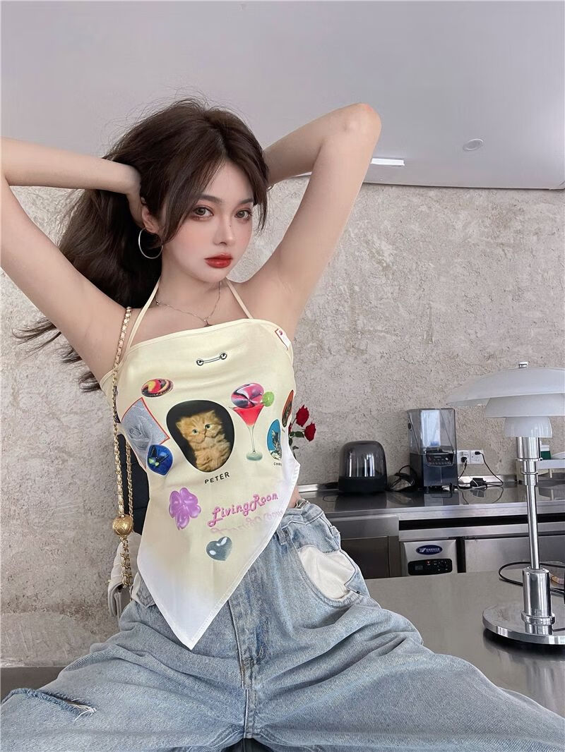 猛仕将吊带设计感小众外穿女夏季纯欲风可爱挂脖裹胸三角巾背心打底