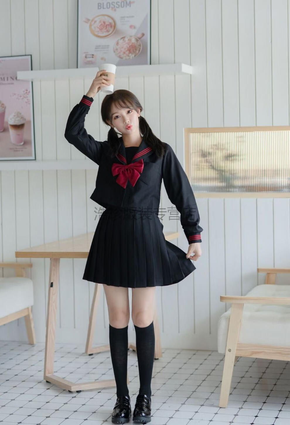 黑色正统jk制服黑三本学生暗黑系不良少女学院风水手长袖百褶套装wqq