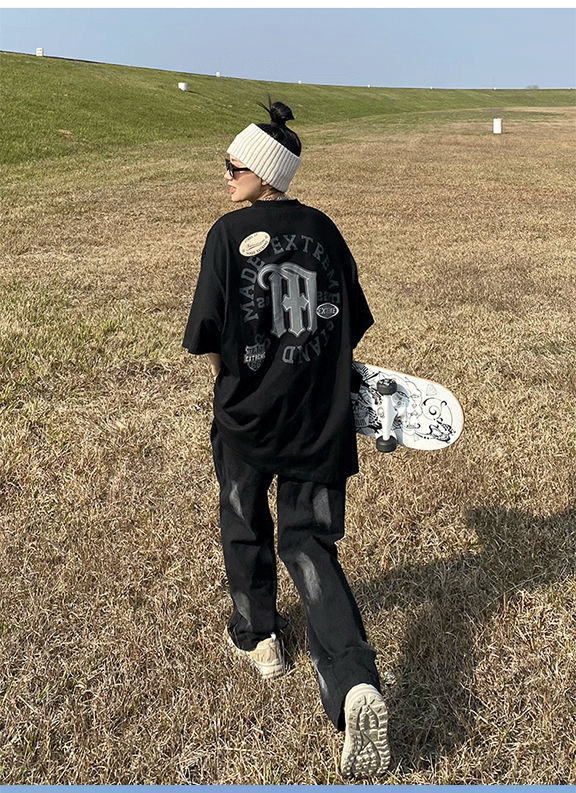 hiphop潮牌字母短袖t恤女欧美街头oversize宽松上衣白色s95斤以下穿