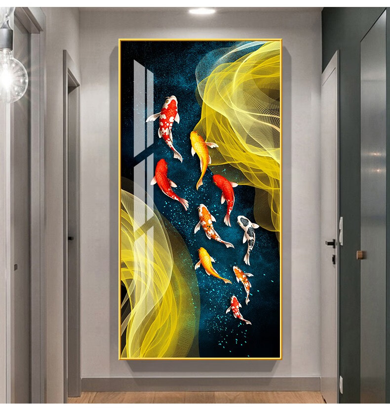 惠菲乐 九鱼图入户玄关装饰画竖版九龙鱼挂画楼梯走道玄幻壁画过道