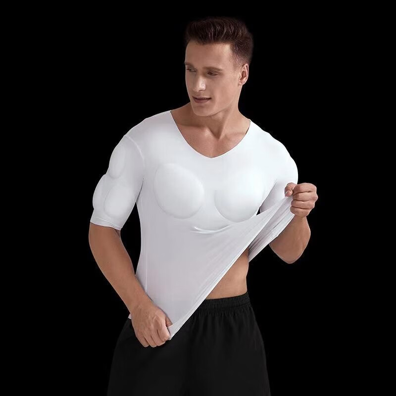 2021赫搏假肌肉男士衣服t恤cos服隐形假腹肌短袖打底衫仿真打底衫白色