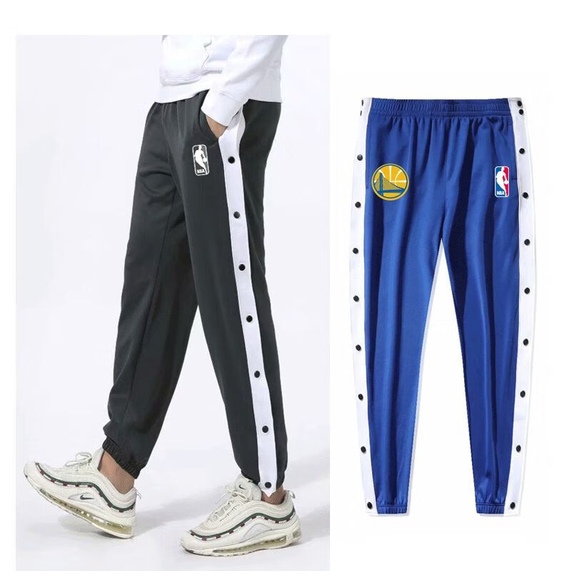 nba出场裤湖人勇士篮球运动训练热身加绒束脚厚全开长裤cba排扣裤紫色