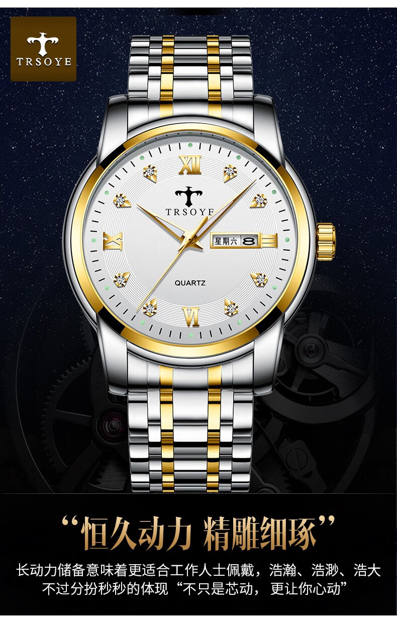 手表十大品牌防水夜光大气商务表 终身质保-trs838经典款黑壳黑面钢带