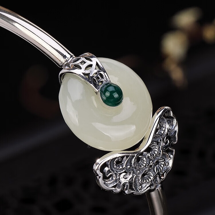 miflame复古中国风s925纯银和田玉平安扣手镯女民族风活扣手环女礼物