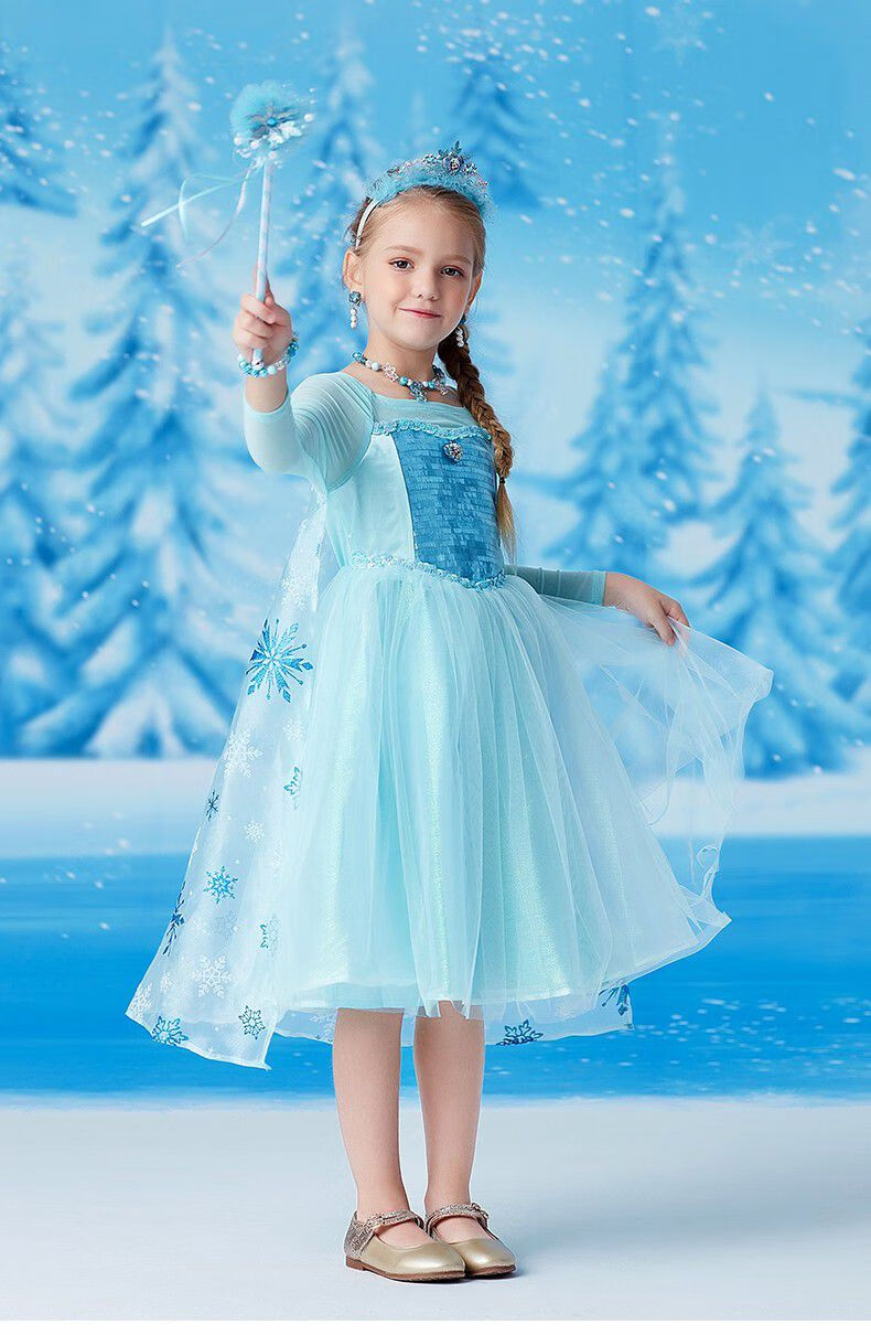 艾莎公主裙爱莎冰雪奇缘长裙春夏裙子白雪儿童连衣裙演出服艾莎公主长