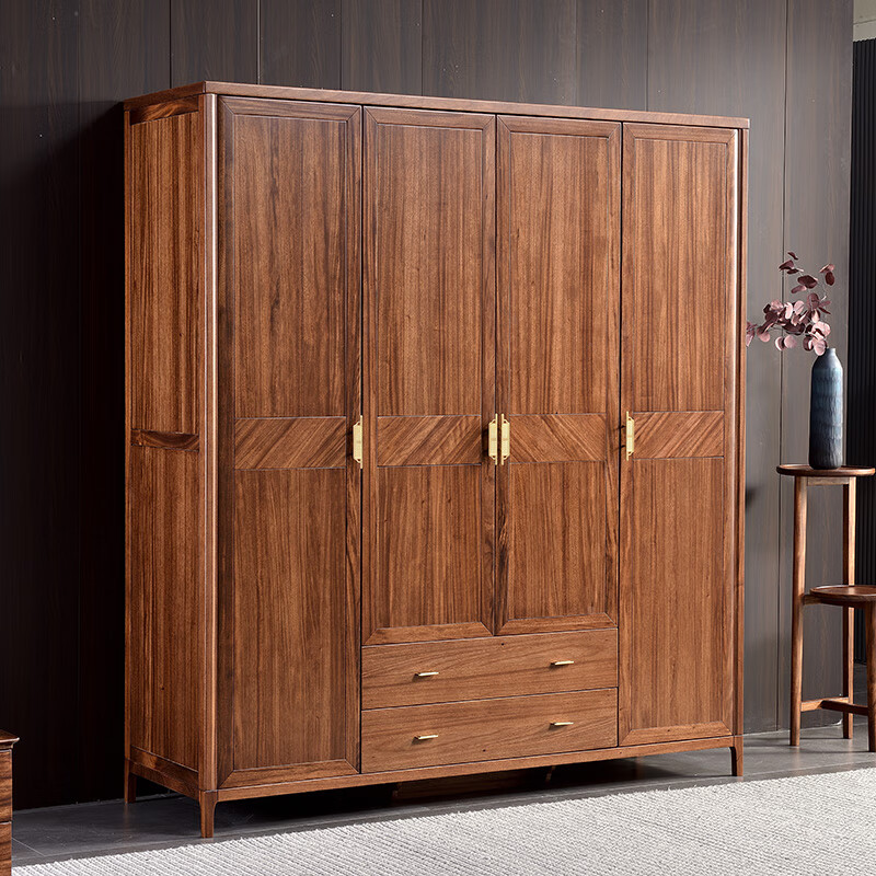 新中式衣柜乌金木四门五门全实木大衣橱现代简约家用卧室原木家具四门